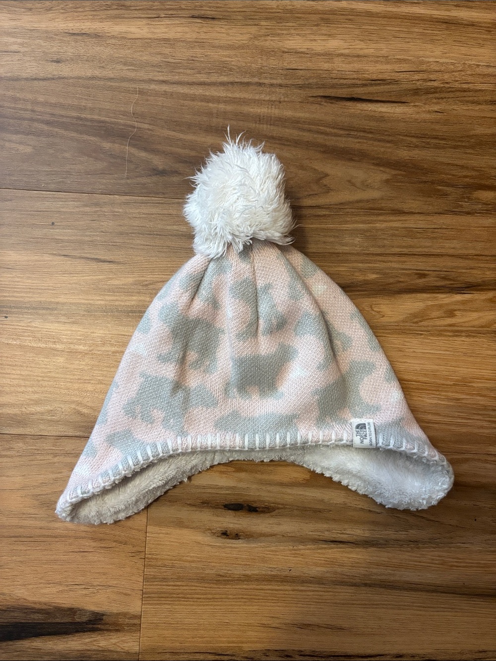 The North Face Kids Pom Pom Earflap Hat in Pink & Gray Bears
